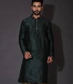 Bottle green dupion art silk  kurta with computerised embroidery machine work