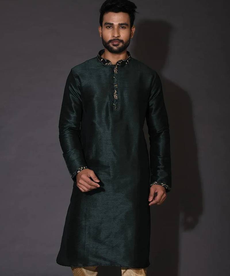 Bottle green dupion art silk  kurta with computerised embroidery machine work