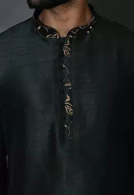 Bottle green dupion art silk  kurta with computerised embroidery machine work 2