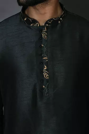 Bottle green dupion art silk  kurta with computerised embroidery machine work