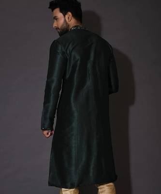 Bottle green dupion art silk  kurta with computerised embroidery machine work 3