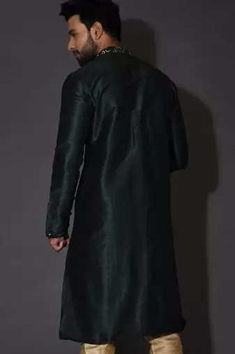 Bottle green dupion art silk  kurta with computerised embroidery machine work