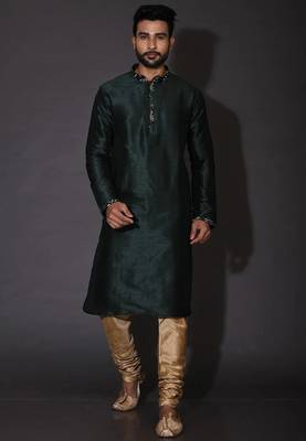 Bottle green dupion art silk  kurta with computerised embroidery machine work 4