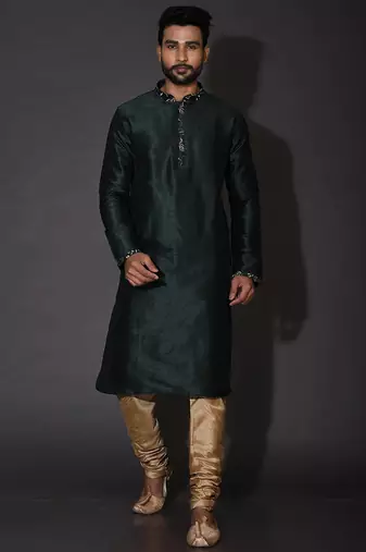 Bottle green dupion art silk  kurta with computerised embroidery machine work