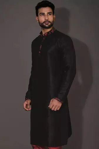 Black dupion art silk  kurta with computerised embroidery machine work
