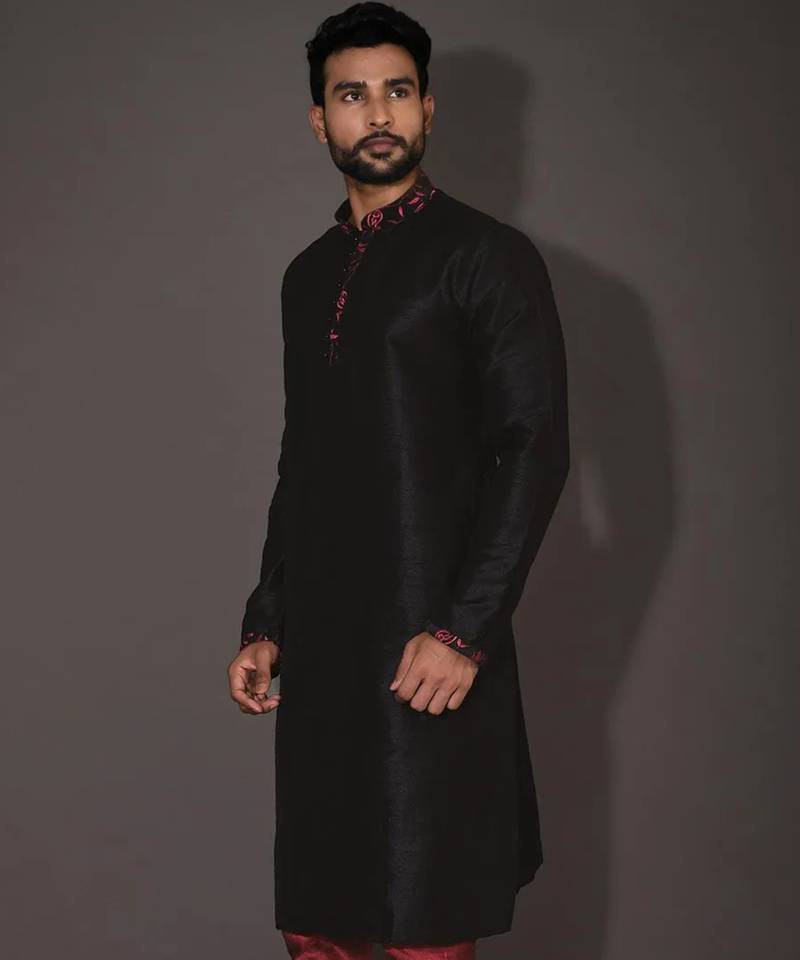 Black dupion art silk  kurta with computerised embroidery machine work