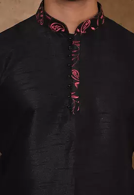 Black dupion art silk  kurta with computerised embroidery machine work 2
