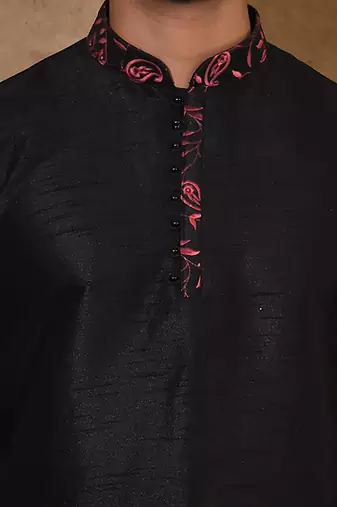 Black dupion art silk  kurta with computerised embroidery machine work