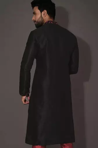 Black dupion art silk  kurta with computerised embroidery machine work