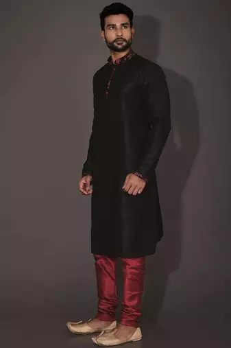 Black dupion art silk  kurta with computerised embroidery machine work