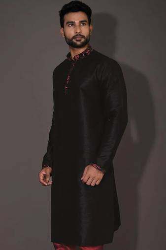 Dark beige dupion art silk kurta with computerised embroidery machine work