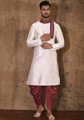 Cream dupion art silk kurta with computerised embroidery machine work 1