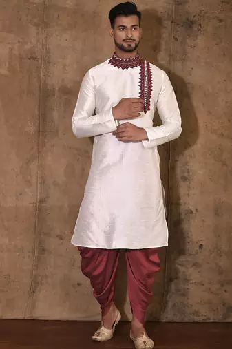Cream dupion art silk kurta with computerised embroidery machine work