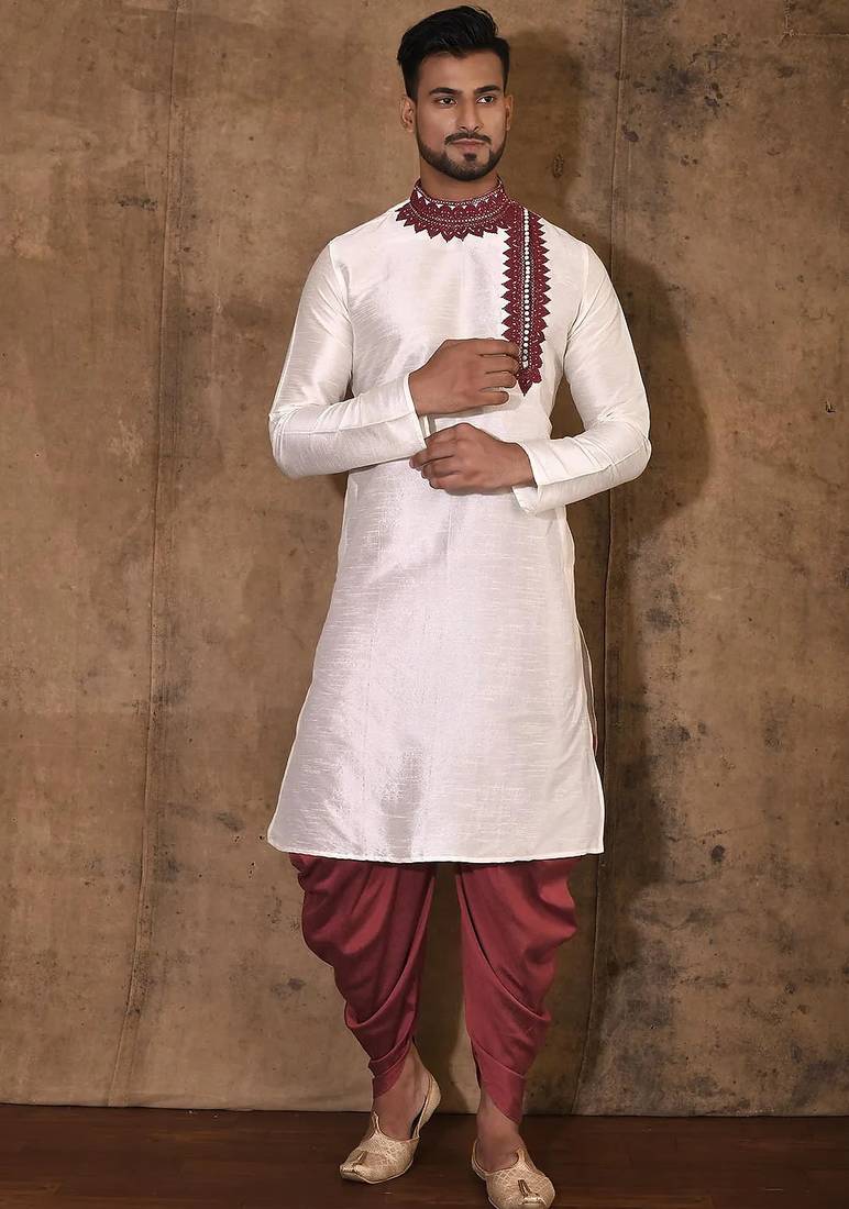 Cream dupion art silk kurta with computerised embroidery machine work