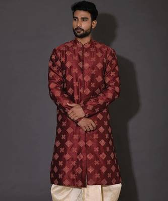Red dupion art silk  kurta with  open sherwani style and full inside cotton linen 1