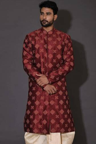 Red dupion art silk  kurta with  open sherwani style and full inside cotton linen