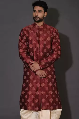 Red dupion art silk  kurta with  open sherwani style and full inside cotton linen