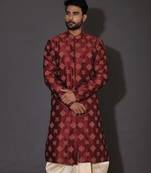 Red dupion art silk  kurta with  open sherwani style and full inside cotton linen