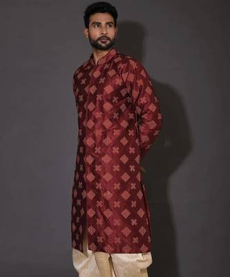 Red dupion art silk  kurta with  open sherwani style and full inside cotton linen 2
