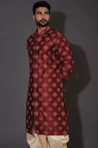 Red dupion art silk  kurta with  open sherwani style and full inside cotton linen