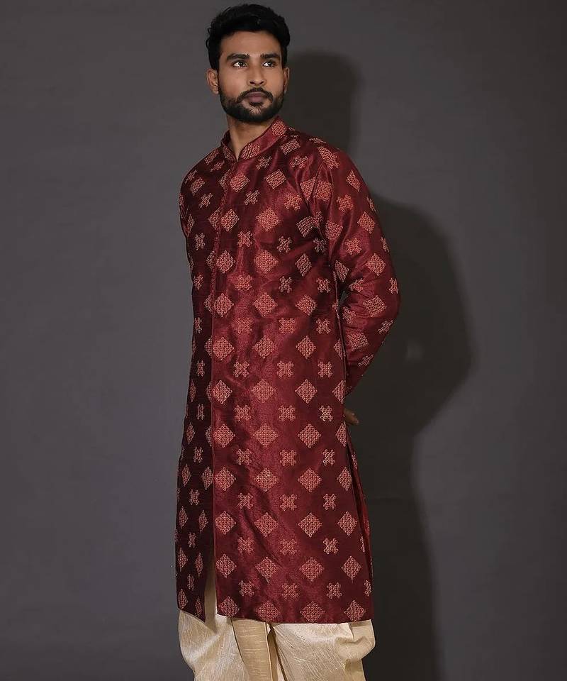 Red dupion art silk  kurta with  open sherwani style and full inside cotton linen