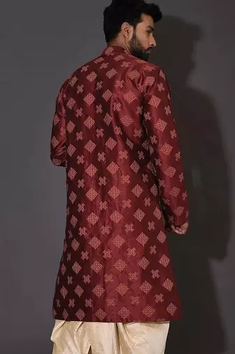 Red dupion art silk  kurta with  open sherwani style and full inside cotton linen