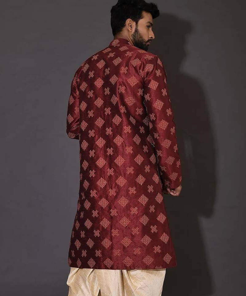 Red dupion art silk  kurta with  open sherwani style and full inside cotton linen