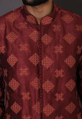 Red dupion art silk  kurta with  open sherwani style and full inside cotton linen 4