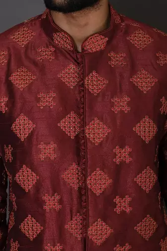 Red dupion art silk  kurta with  open sherwani style and full inside cotton linen