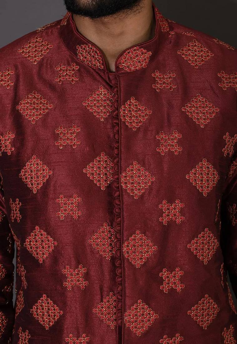 Red dupion art silk  kurta with  open sherwani style and full inside cotton linen