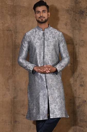 Grey dupion art silk  kurta with  open sherwani style and full inside cotton linen