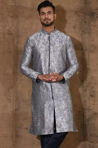 Grey dupion art silk  kurta with  open sherwani style and full inside cotton linen