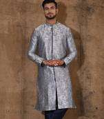 Grey dupion art silk  kurta with  open sherwani style and full inside cotton linen
