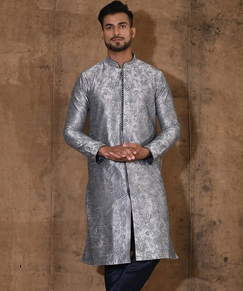Grey dupion art silk  kurta with  open sherwani style and full inside cotton linen