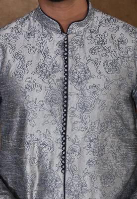 Grey dupion art silk  kurta with  open sherwani style and full inside cotton linen 2