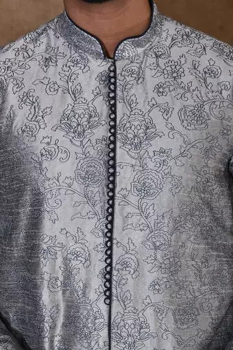 Grey dupion art silk  kurta with  open sherwani style and full inside cotton linen