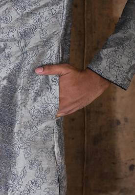 Grey dupion art silk  kurta with  open sherwani style and full inside cotton linen 3