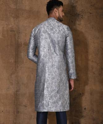 Grey dupion art silk  kurta with  open sherwani style and full inside cotton linen 4