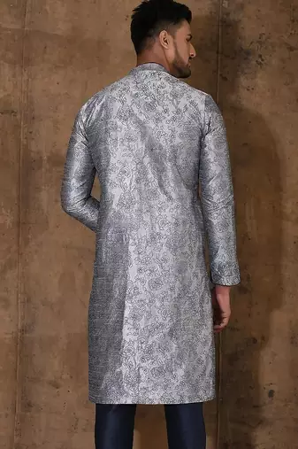 Grey dupion art silk  kurta with  open sherwani style and full inside cotton linen