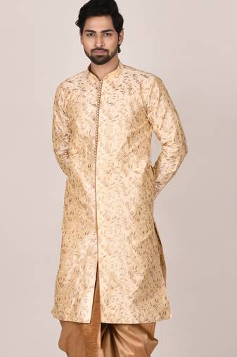 Fawn dupion art silk  kurta with  open sherwani style and full inside cotton linen