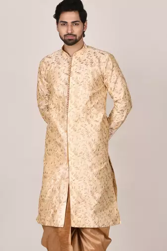 Fawn dupion art silk  kurta with  open sherwani style and full inside cotton linen