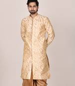 Fawn dupion art silk  kurta with  open sherwani style and full inside cotton linen