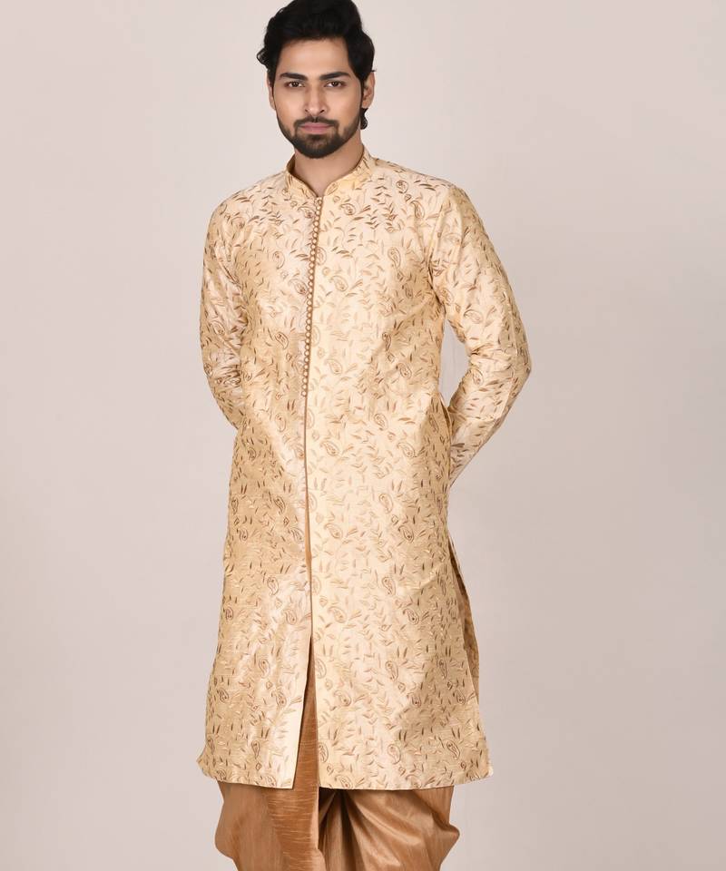 Fawn dupion art silk  kurta with  open sherwani style and full inside cotton linen