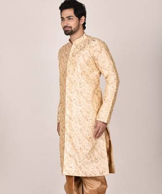 Fawn dupion art silk  kurta with  open sherwani style and full inside cotton linen 2