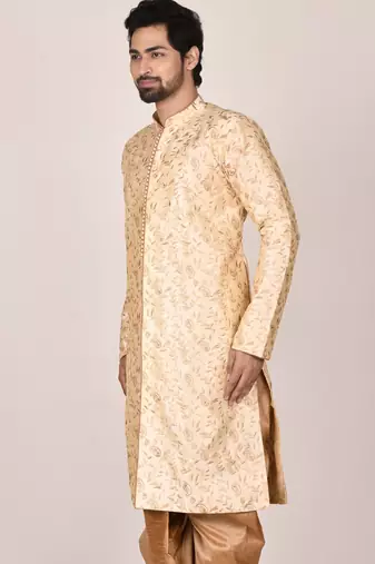 Fawn dupion art silk  kurta with  open sherwani style and full inside cotton linen