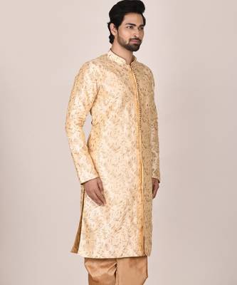 Fawn dupion art silk  kurta with  open sherwani style and full inside cotton linen 3