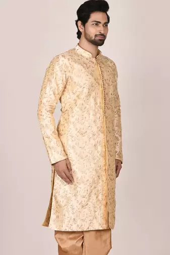 Fawn dupion art silk  kurta with  open sherwani style and full inside cotton linen