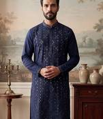 Mens blue silk blend solid embroidered kurta