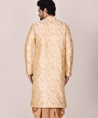 Fawn dupion art silk  kurta with  open sherwani style and full inside cotton linen 4