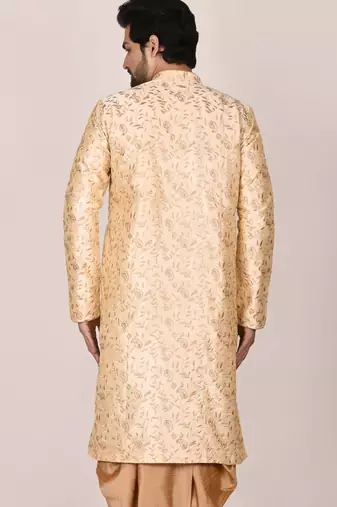 Fawn dupion art silk  kurta with  open sherwani style and full inside cotton linen